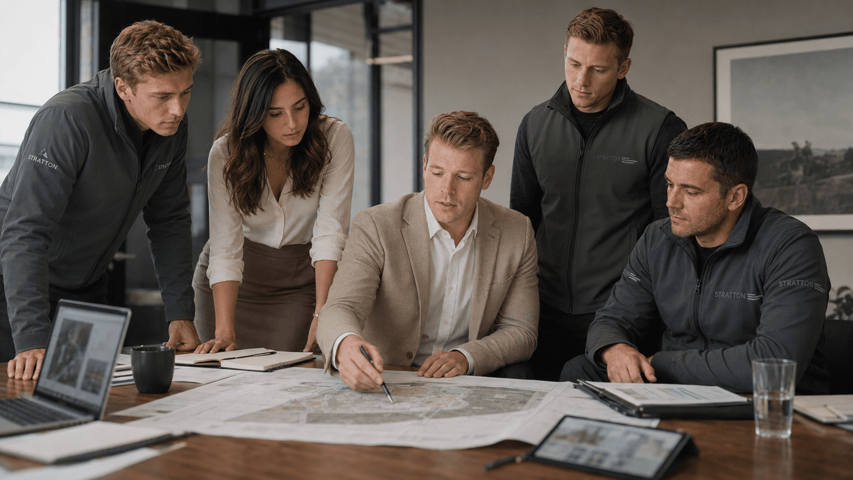 The Stratton team reviewing a marked-up site plan together around a table.