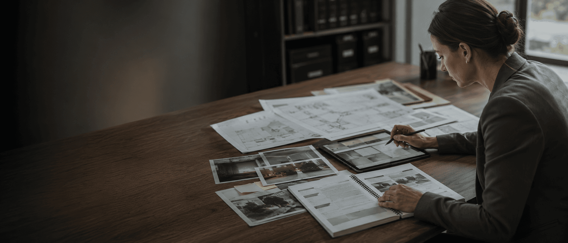 A Stratton specialist reviewing marked-up site plans, survey photographs and a tablet at a desk.