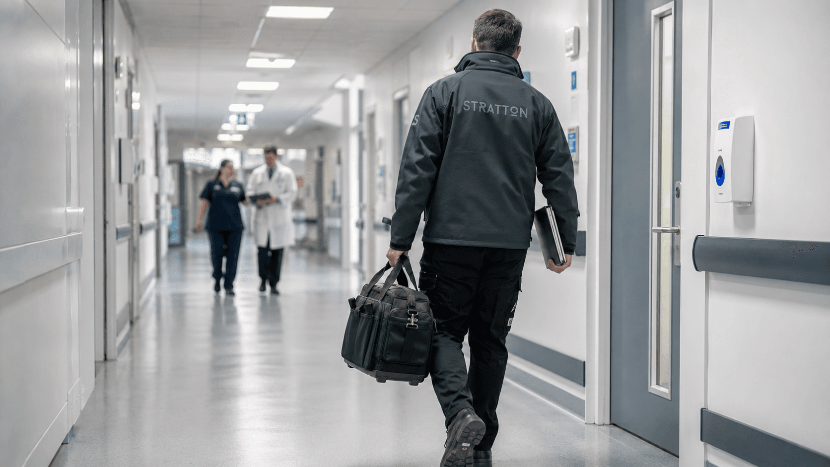 A Stratton specialist on a corridor inspection inside a healthcare setting.