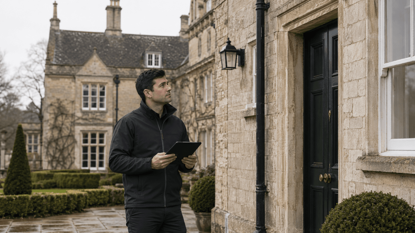 A Stratton specialist surveying the elevation of a heritage estate building.