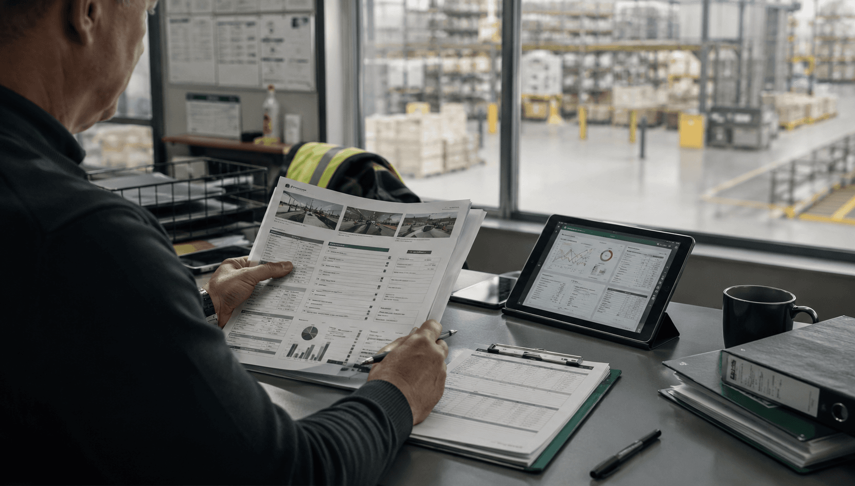 A Stratton specialist reviewing a field report against a site record, overlooking a warehouse floor.