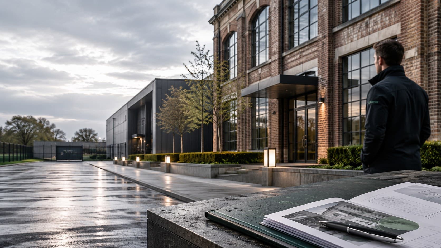 A modern commercial building at dusk, its courtyard wet after rain.
