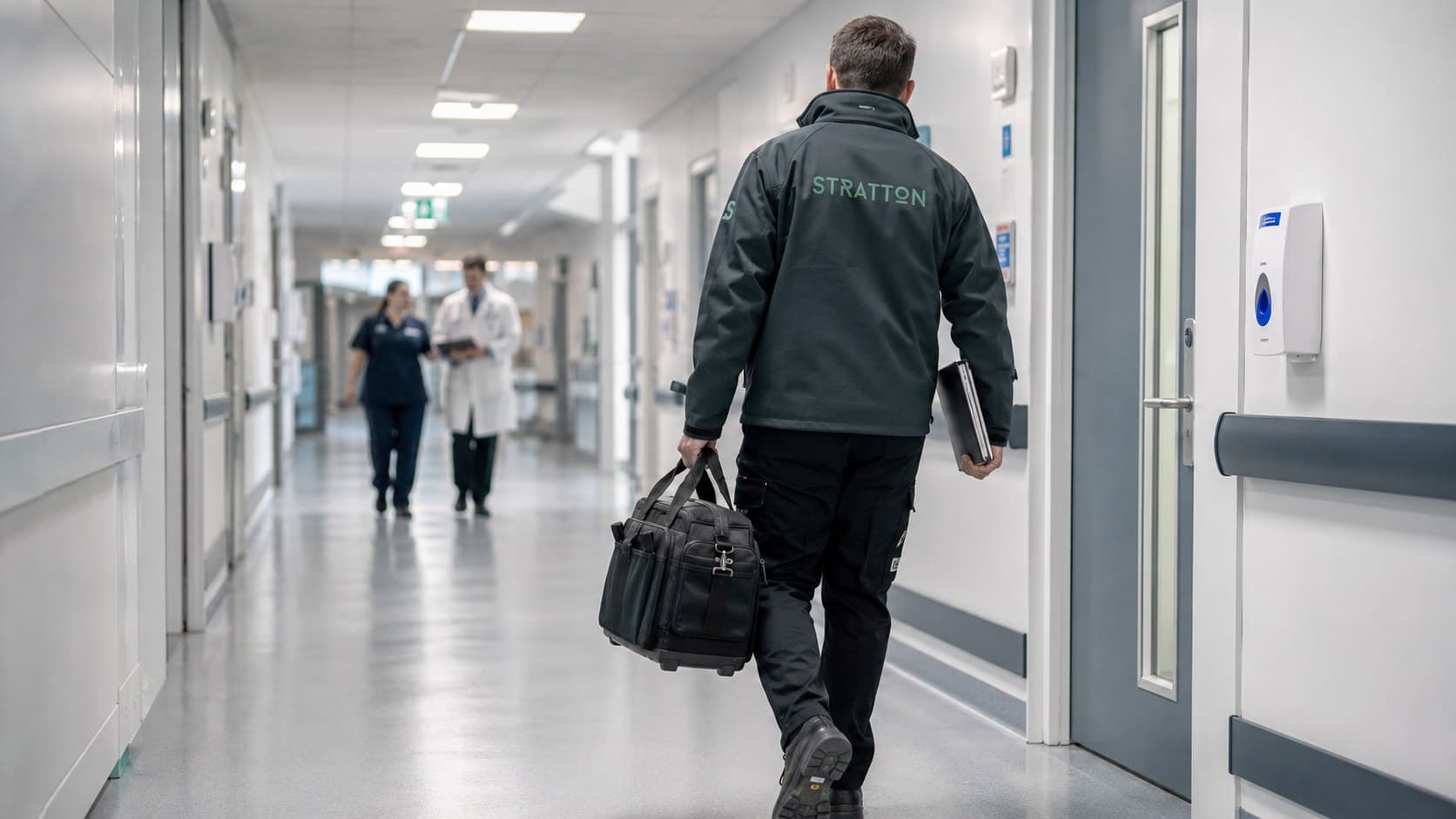 A Stratton technician walking a clinical corridor with his equipment case.