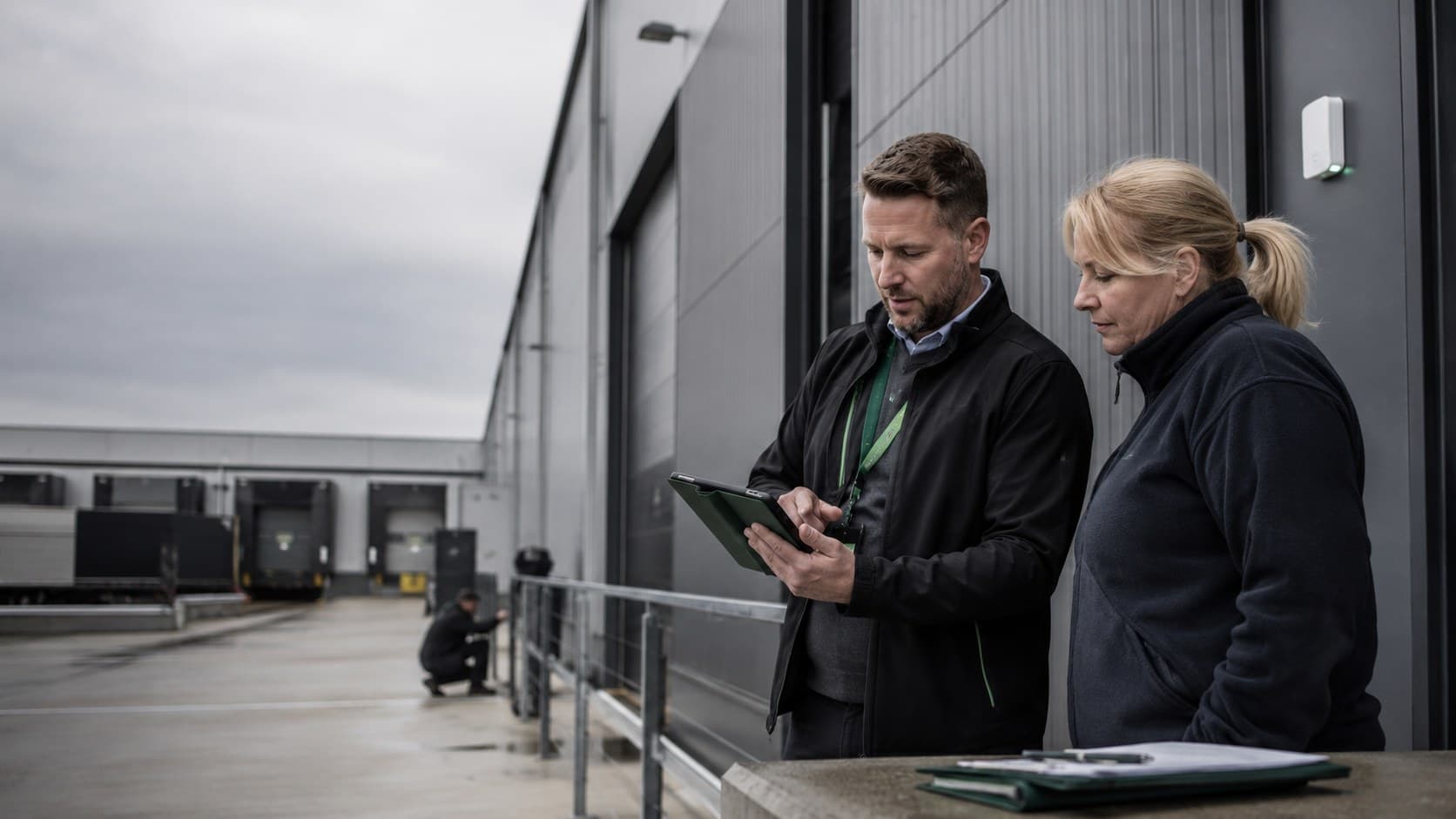 Two Stratton staff reviewing a site record beside a row of loading bays.