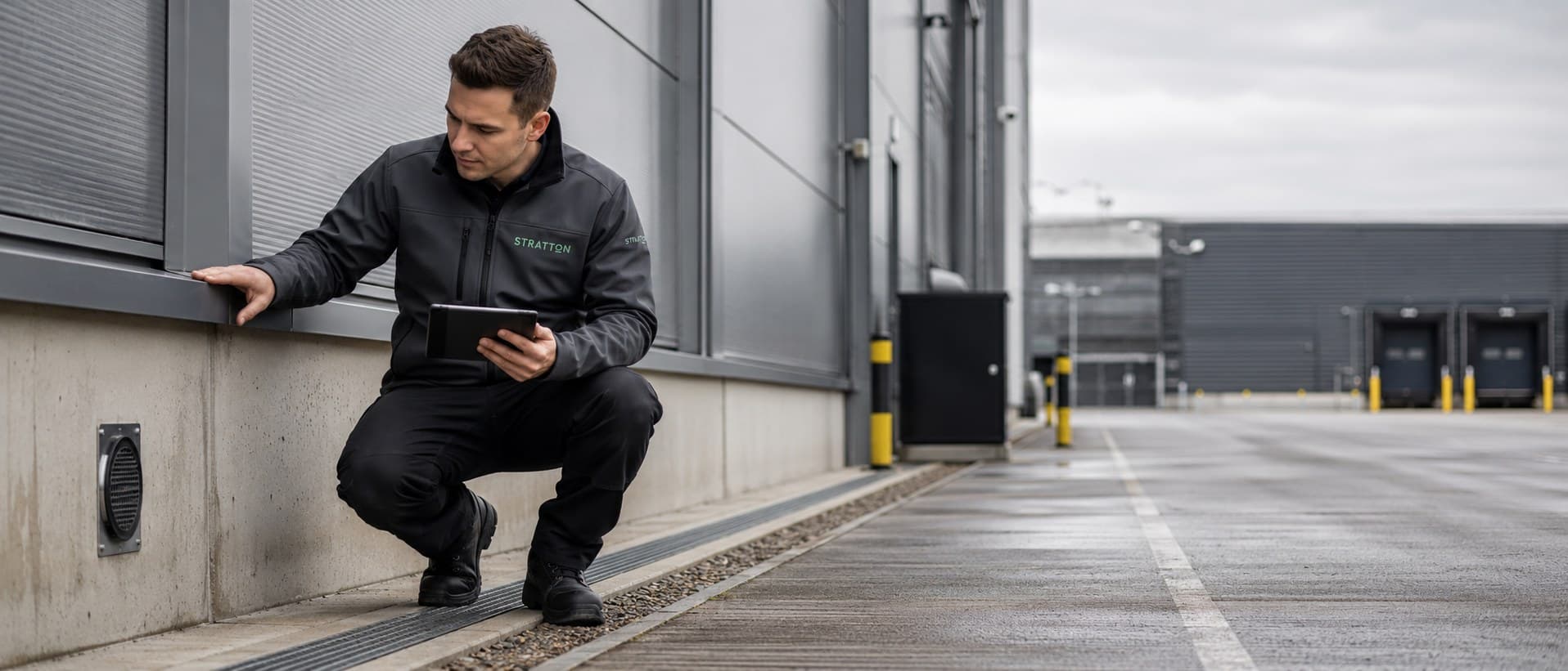 A Stratton technician checking the base of a building's cladding, tablet in hand.