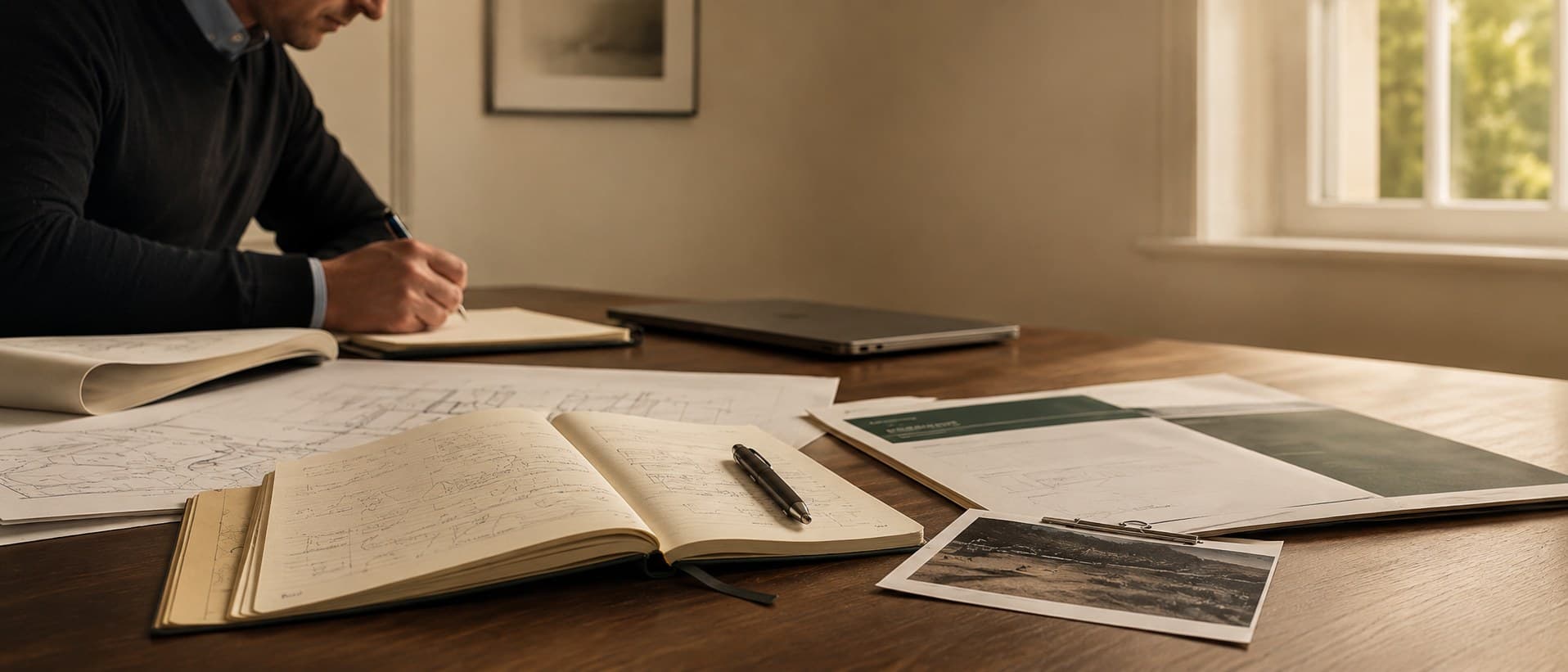 A Stratton specialist reviewing a site's notes and survey photographs at a desk.