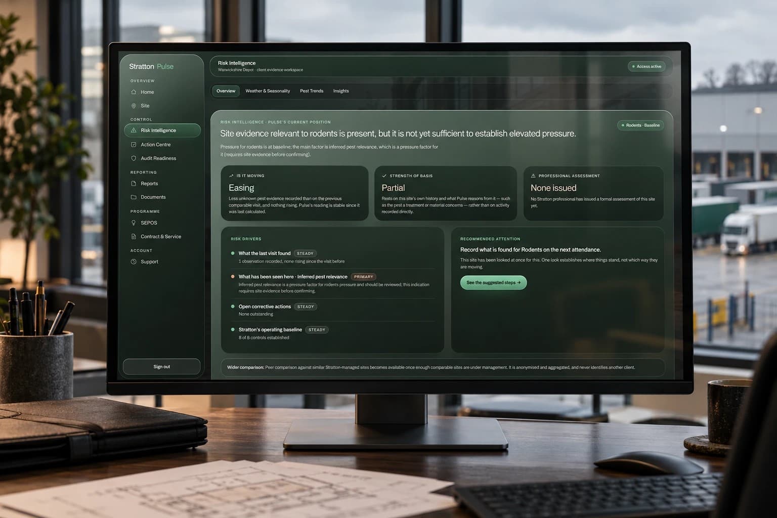 Stratton Pulse on a monitor overlooking a distribution yard: the Risk Intelligence view for a site.