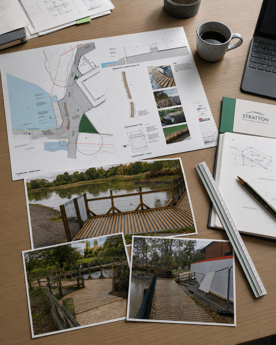 A marked-up site plan, a Stratton folder, field notes and survey photographs from a real project.