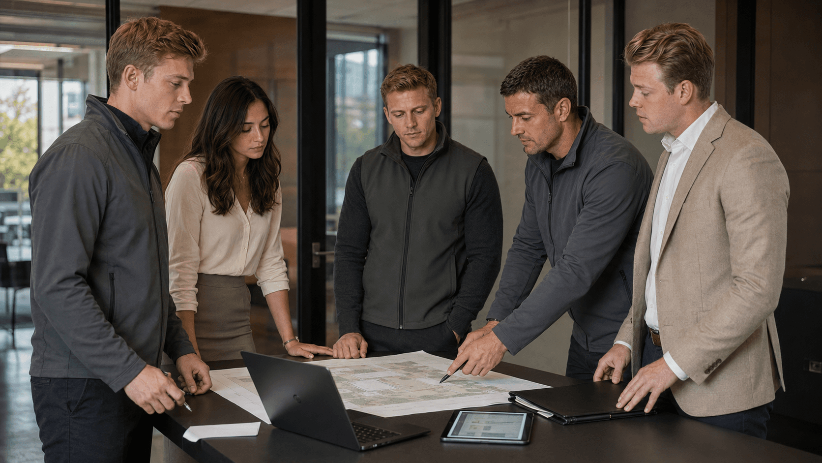 The Stratton team reviewing site documentation together around a plan.
