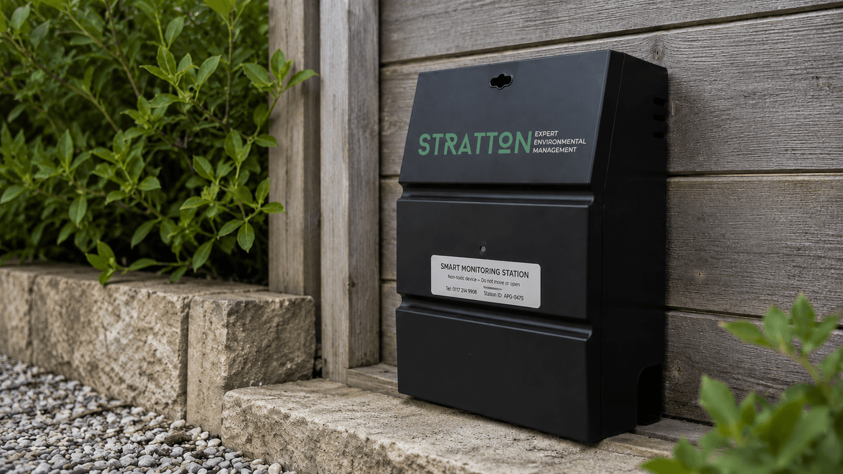 A Stratton smart monitoring station installed at the base of a building's external elevation.