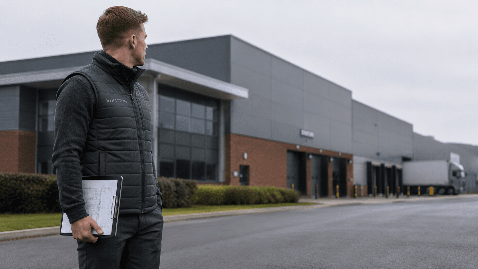 A Stratton surveyor arriving at a commercial distribution site to carry out a review.