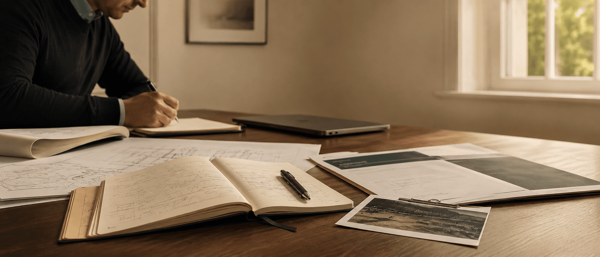 A Stratton specialist making field notes beside site plans and reference material.