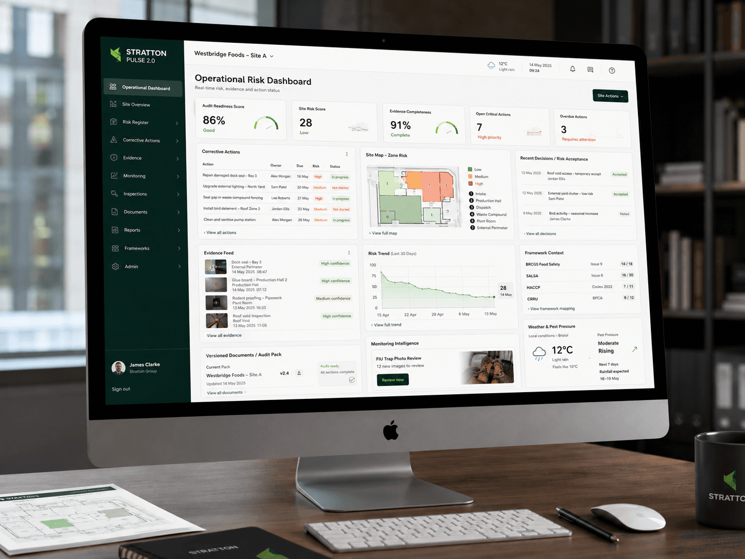 The Stratton Pulse operational risk dashboard shown on a desktop screen on a working desk.