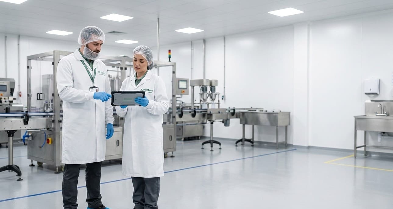 Two Stratton specialists reviewing a record inside a clean food-production facility.