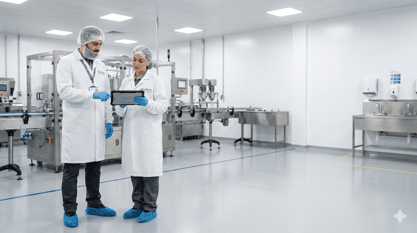 Two Stratton specialists reviewing a record inside a clean food-production facility.