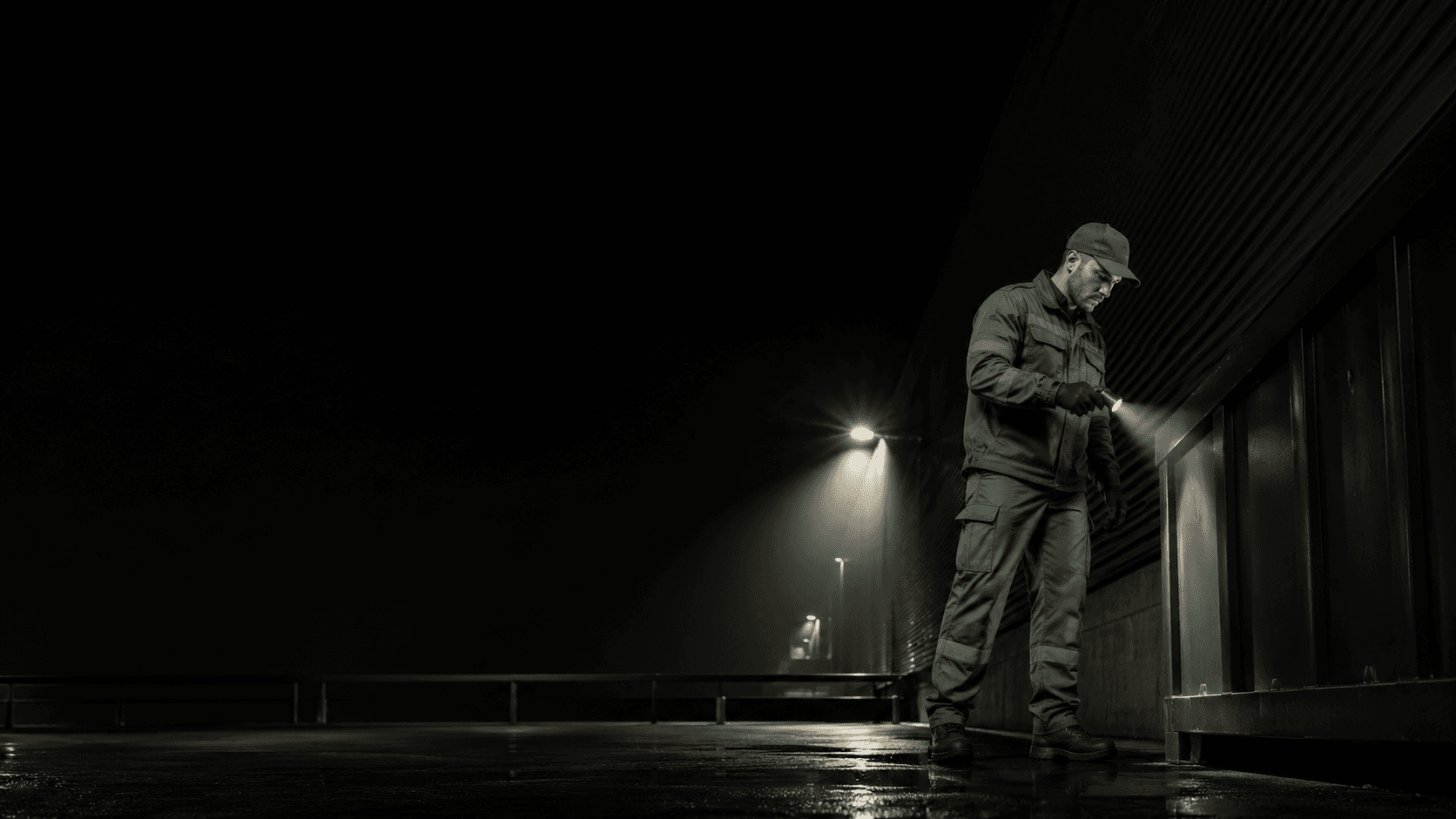 A Stratton technician carrying out a night wash-down inspection at a commercial loading area.