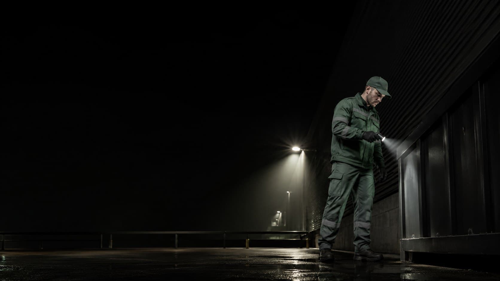 A Stratton technician inspecting a building's elevation by torchlight at night.