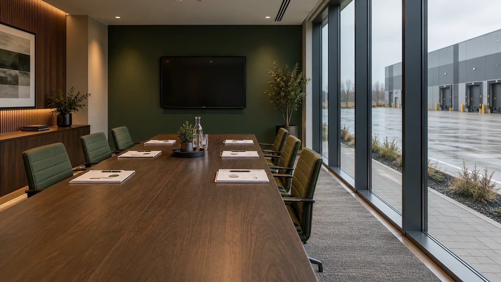 A boardroom set for a quarterly board meeting, a two-page report at every place, the estate beyond the glass.