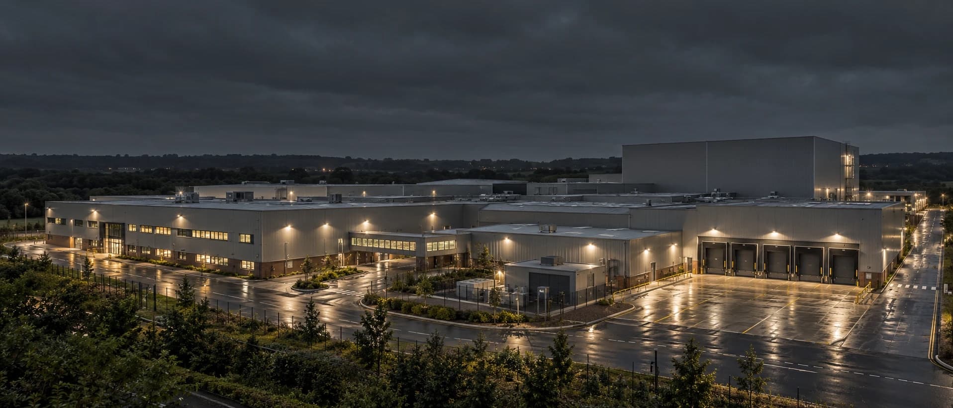 A modern food production and distribution estate at night, its loading bays lit after rain.